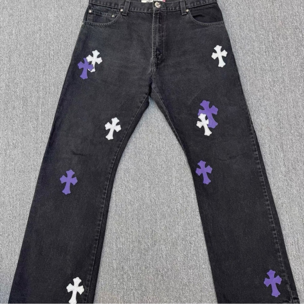 Chrome Hearts Straight Leg Jeans with Purple and White Accents